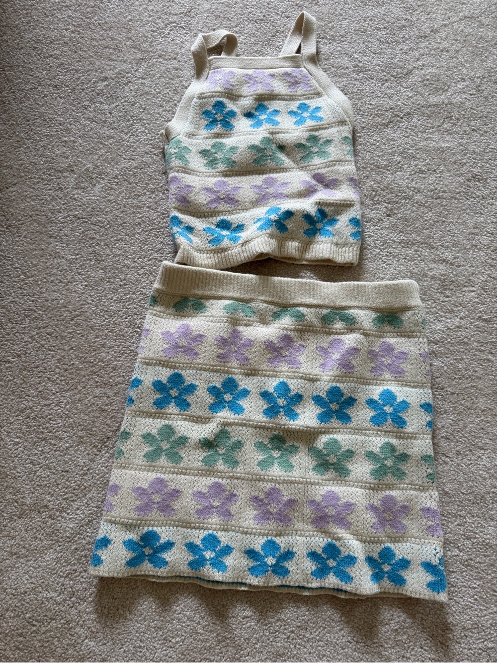 Cream Knit Floral Two-Piece Set with Blue, Green, Lavender Flowers